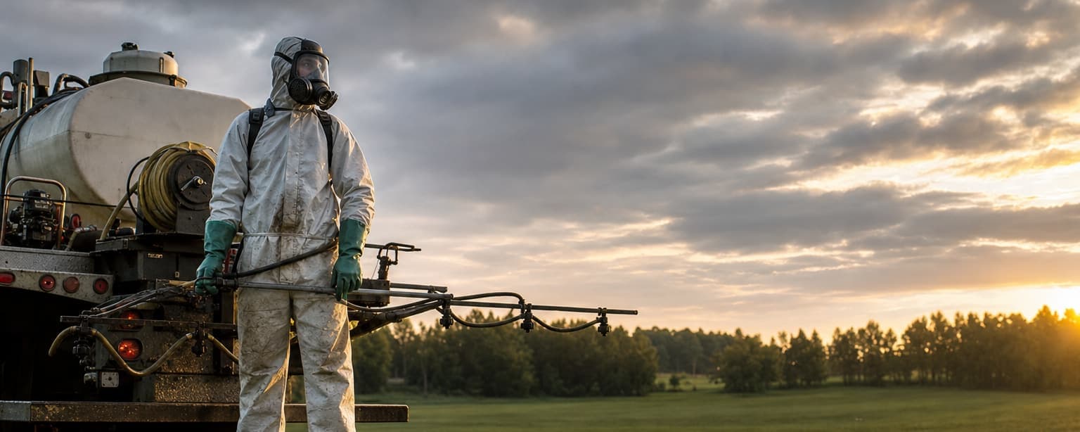 A licensed applicator in coveralls and a respirator standing beside a truck-bed spray rig with a tank, hose reel and boom, treated turf and a treeline behind at dawn