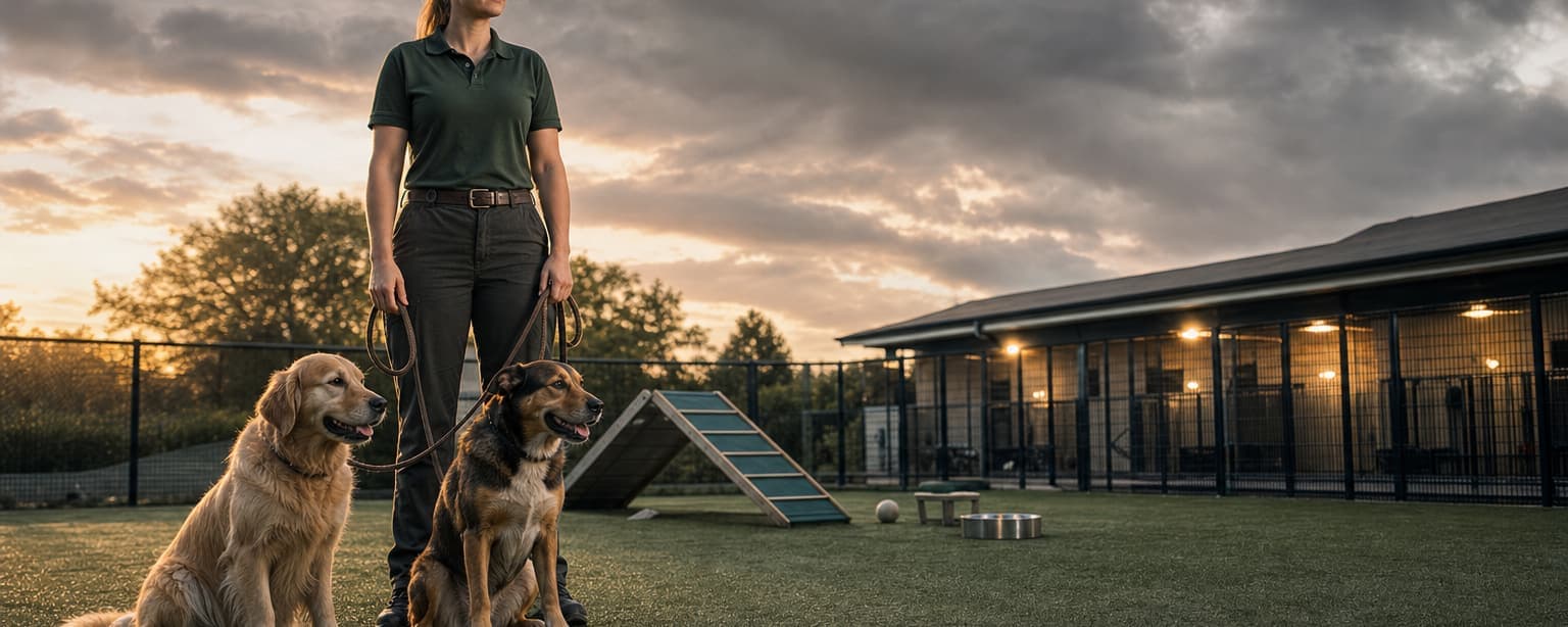 A dog handler in a staff polo standing on the turf of a fenced play yard at sunset with two dogs sitting at her side, an agility ramp and water bowls nearby and a kennel building with lit windows behind
