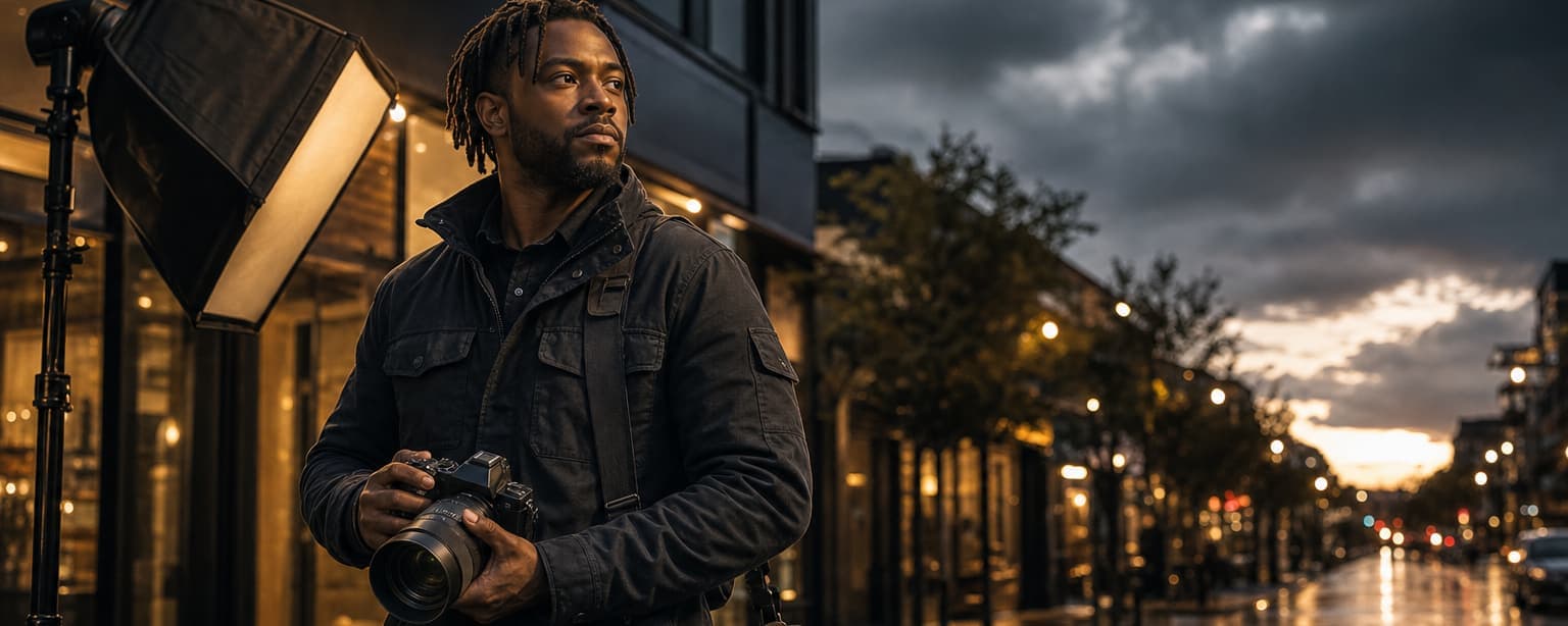 A photographer in a dark field jacket holding a full-frame mirrorless camera with a large lens, a camera bag over his shoulder and a softbox on a light stand beside him on a wet city sidewalk at dusk