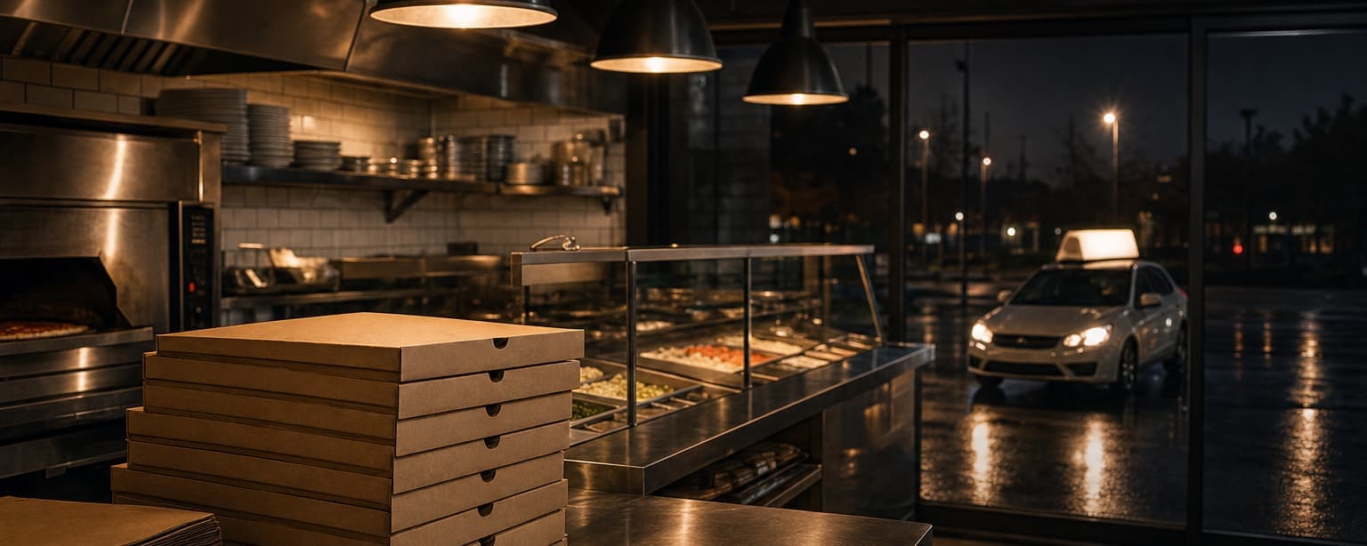 A pizza shop counter at night with boxes stacked and folded ready for a run, the make line behind and a car with a lit roof topper parked at the curb through the window