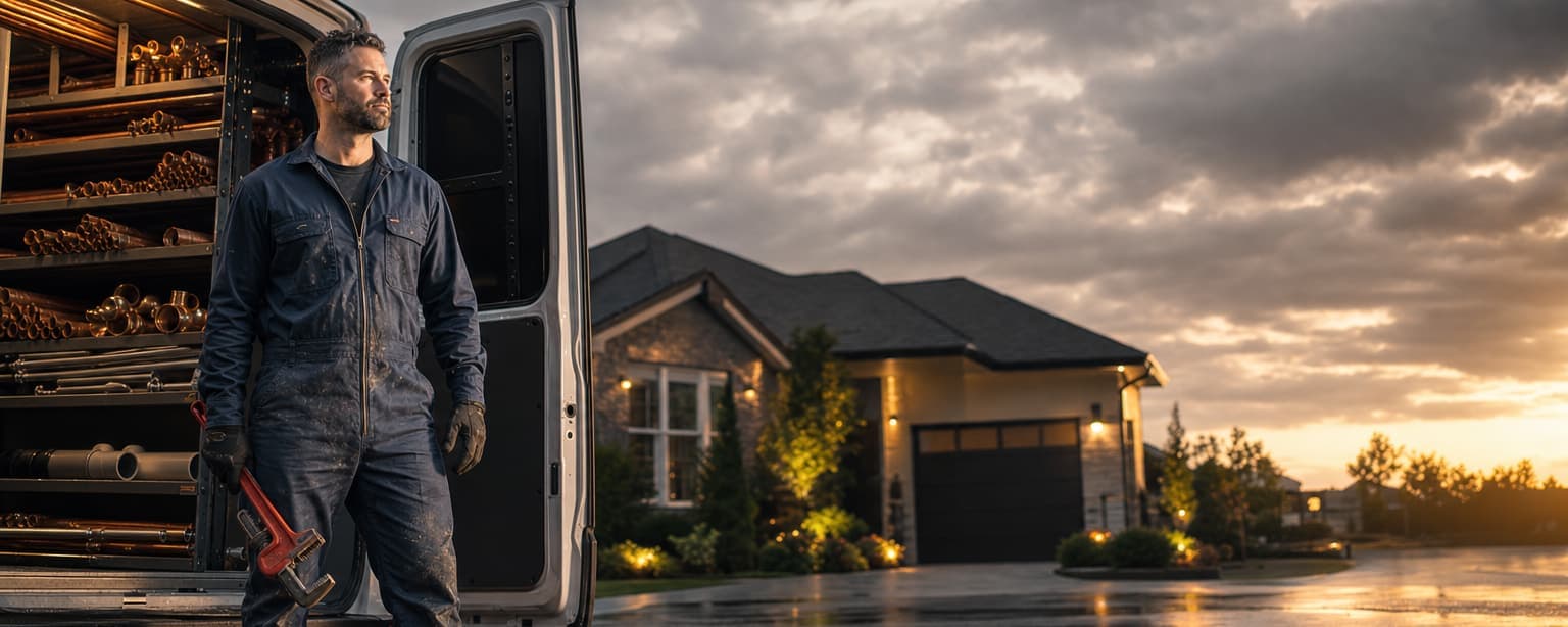 A plumber in work coveralls standing at the open side door of a service van, copper pipe and fittings racked inside and a pipe wrench in hand, a house and wet driveway behind at golden hour