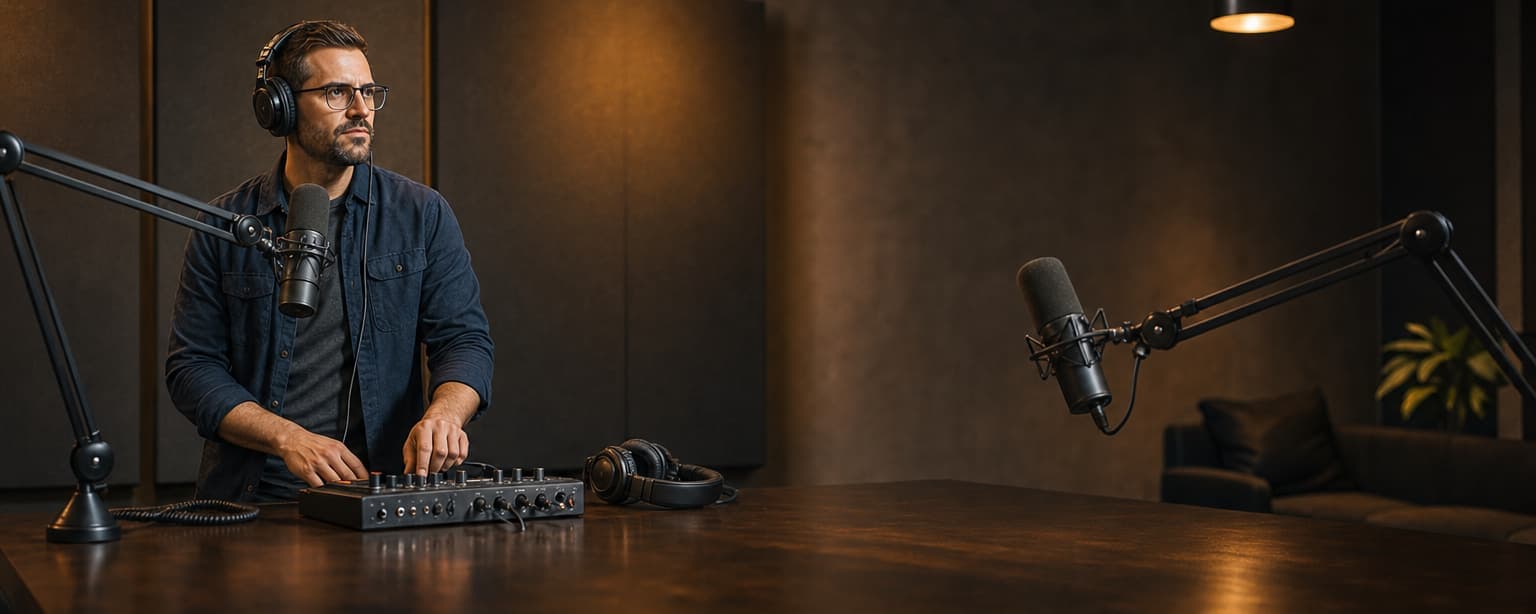 A podcast host in headphones standing at a studio desk behind a mixer and a boom-mounted microphone, a second microphone set for a guest across the table