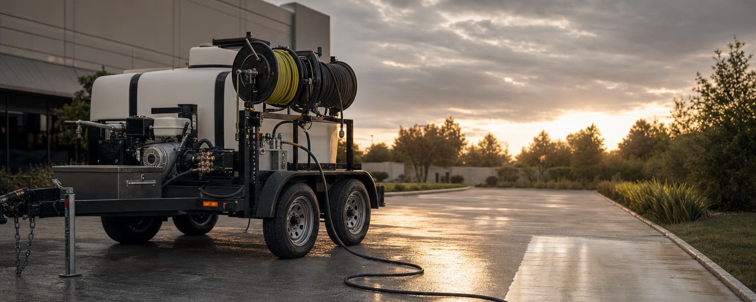 A pressure washing rig on a trailer with a hose reel and surface cleaner attachment parked beside a commercial walkway that is half cleaned, the clean line sharp in early morning light
