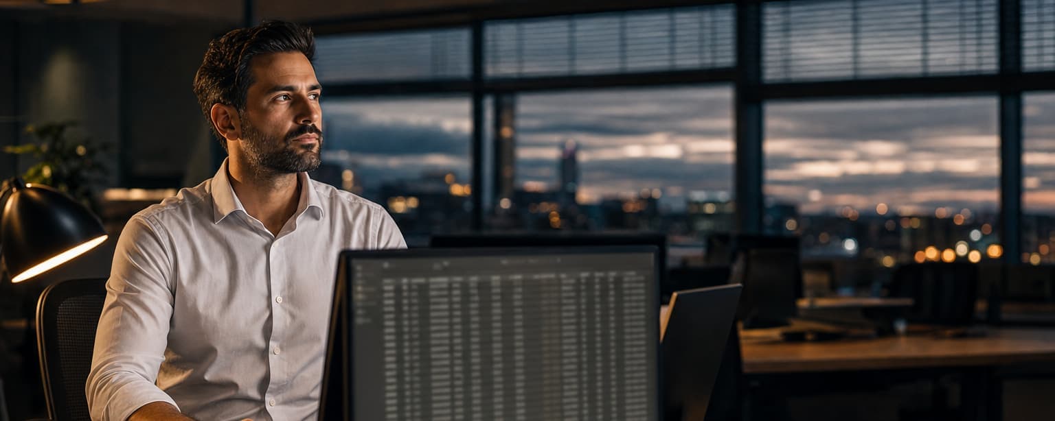 A data analyst at a desk in an open-plan office at dusk, a large monitor showing dense rows of a customer database, a second screen dimmed and city light through the blinds behind