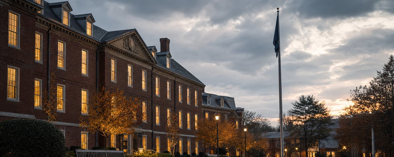 A private school quad at dusk, a brick academic building with lit windows, a flagpole and empty benches on the path and leaves scattered on the wet flagstones