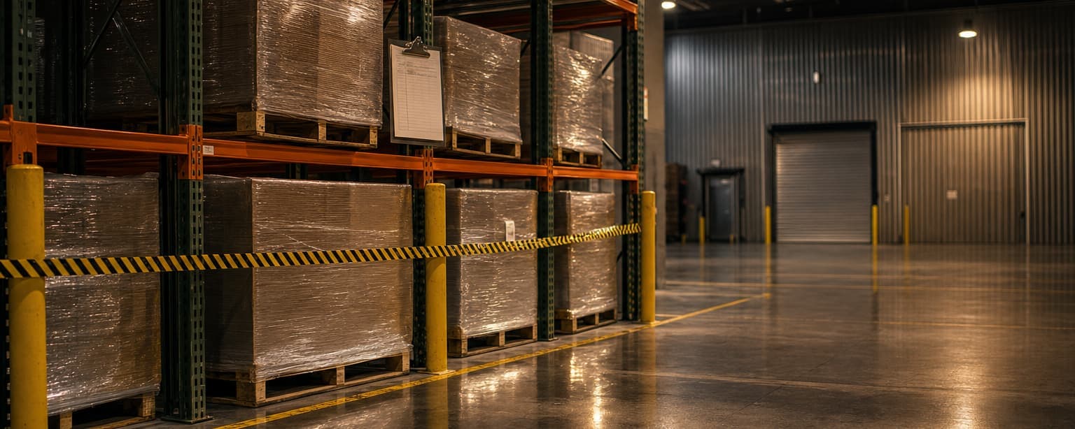 Shrink-wrapped pallets on warehouse racking cordoned off behind hazard tape, an empty dock beyond