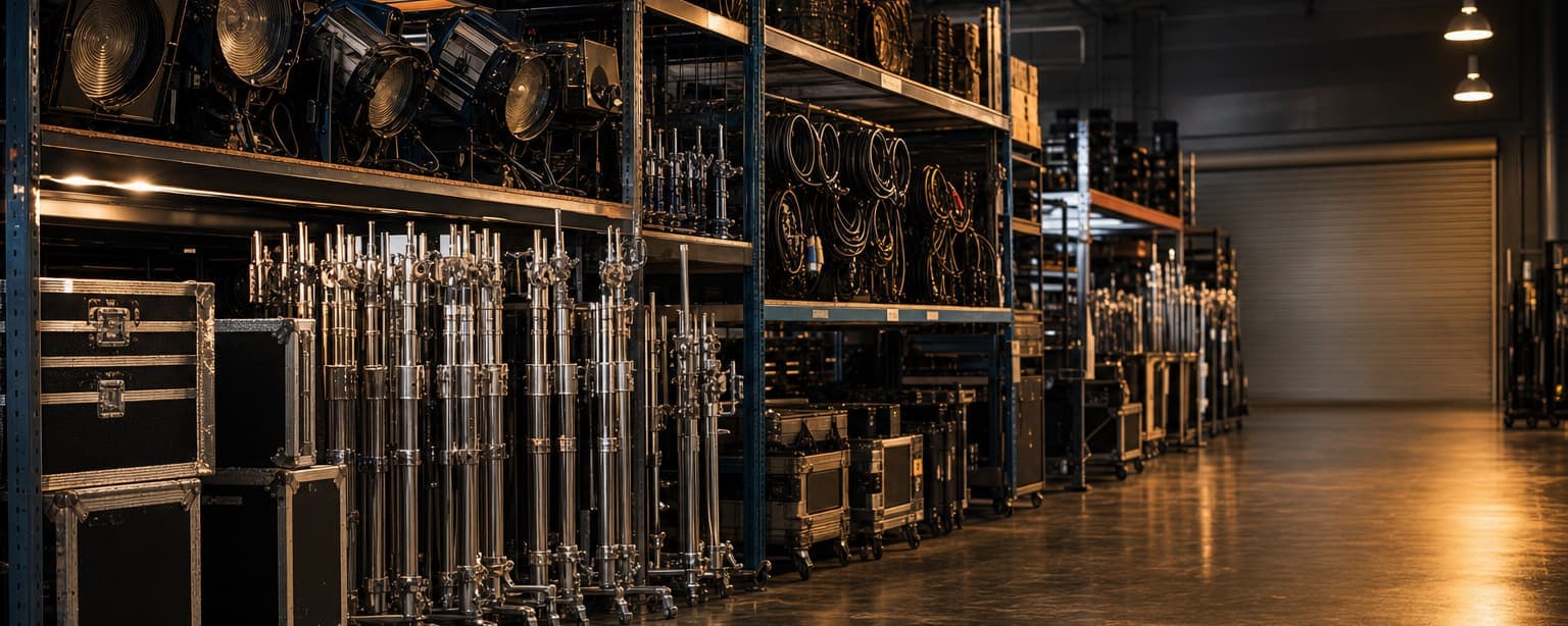 A rental house aisle of lighting fixtures, stands and road cases ready to go out