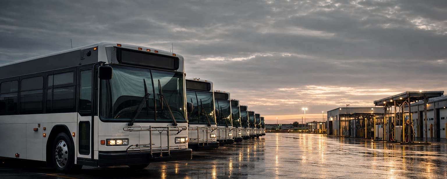 A transit yard at dawn, a row of parked passenger buses with their destination signs dark and the fuel island and wash bay lit at the end of the row
