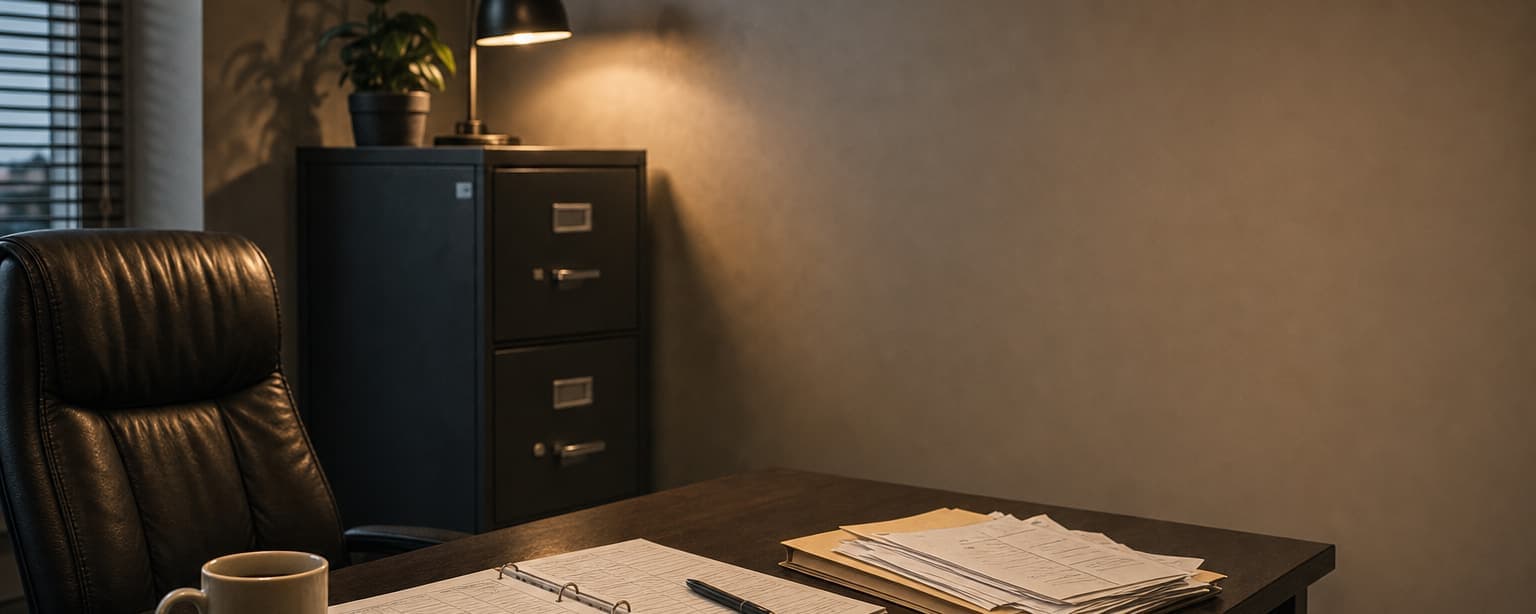 A small office desk with an open ledger, a mug and a stack of papers beside a filing cabinet, a lamp lit and an office chair pulled back