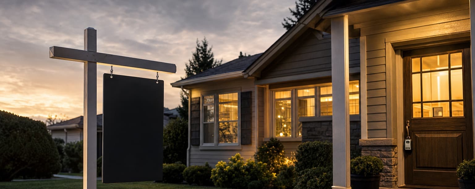 A for-sale sign with an agent rider on a suburban front lawn at dusk, a lockbox hanging on the front door handle and the house lit inside for a showing