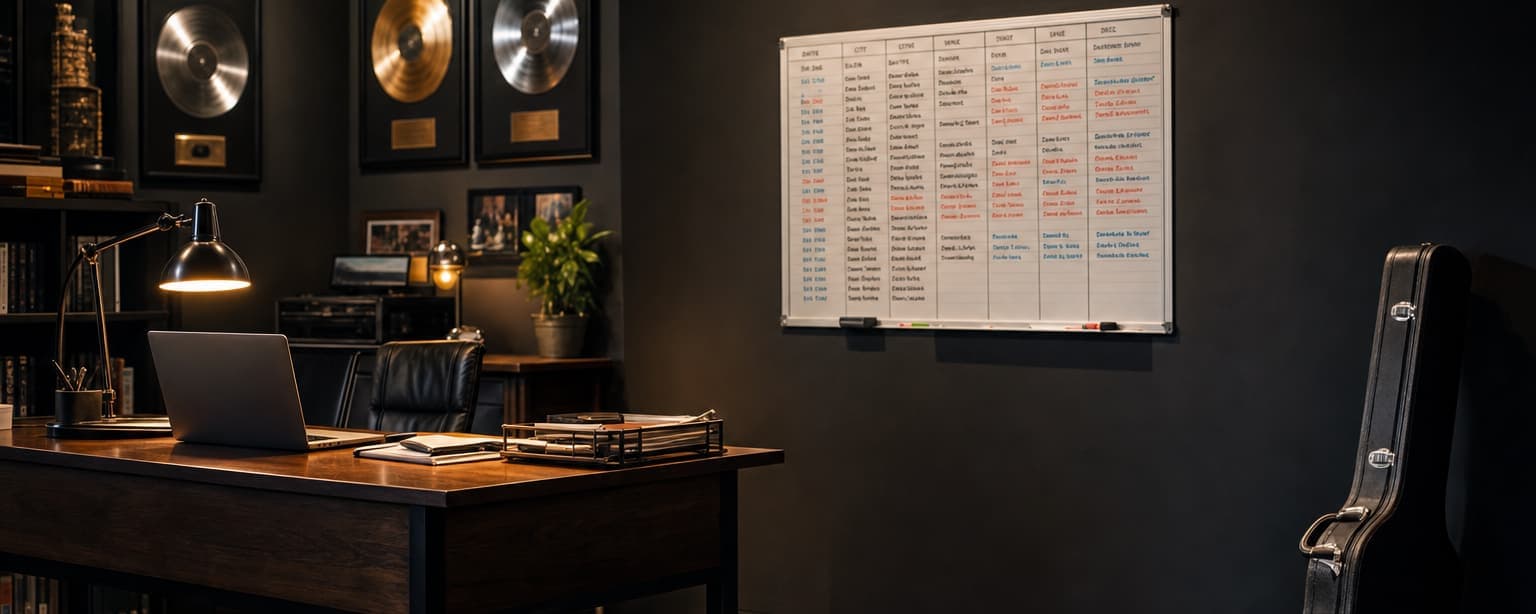 A small record label office at night, framed records along the wall, a desk with a laptop and a tour routing whiteboard covered in dates and a guitar case leaning in the corner