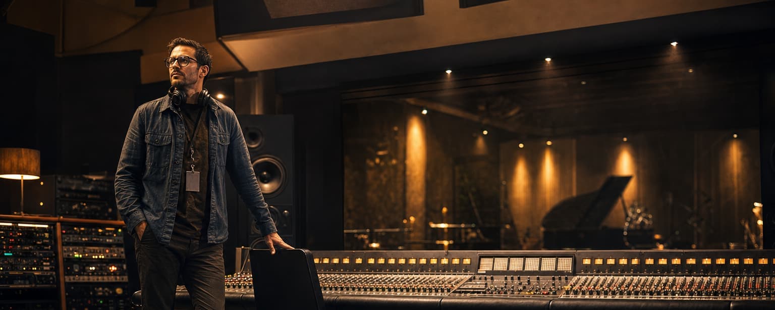A studio engineer beside a large-format console, the live room and grand piano through the glass