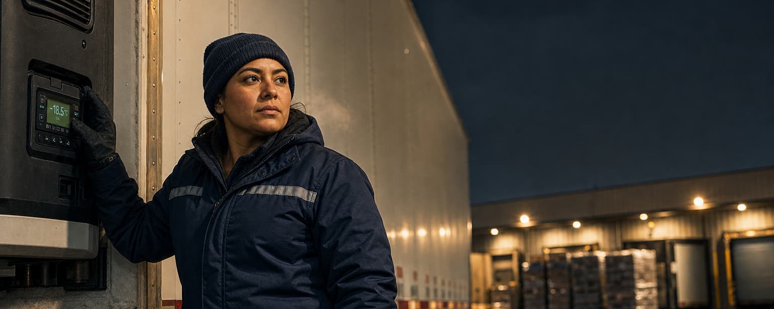 A driver in an insulated navy jacket and knit beanie with her gloved hand on the control panel of a refrigerated trailer at a cold-storage dock at night, frost on the unit, pallets and dock lights behind