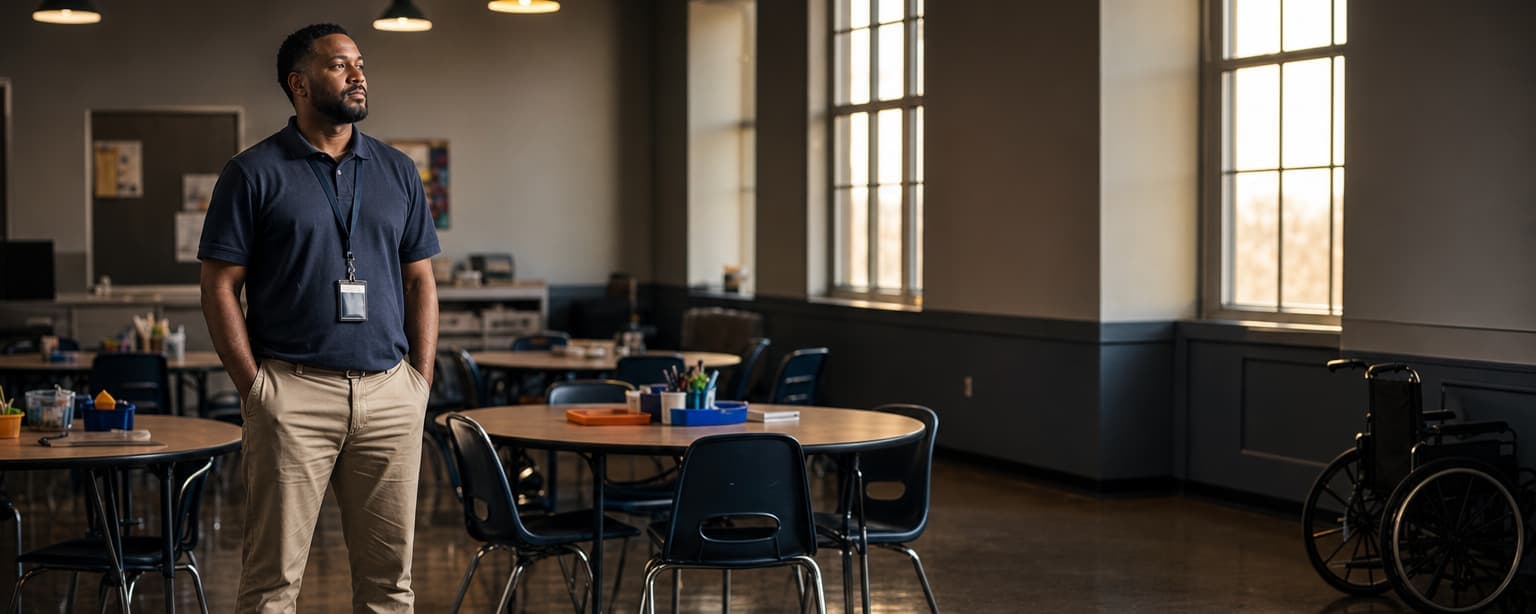 A direct support professional in a polo shirt and staff lanyard standing in a day program activity room, round tables set with materials and a wheelchair parked against the wall under tall windows