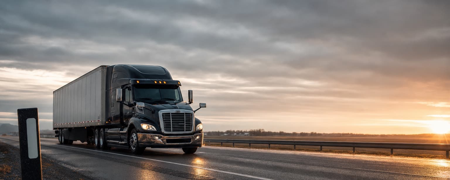 A tractor-trailer running a divided highway at sunrise seen from the shoulder, a mile marker in the foreground and open road stretching to the horizon