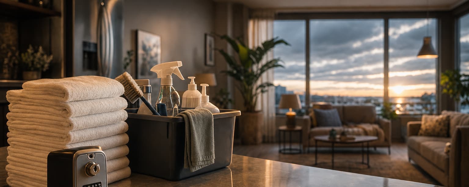 A co-host’s turnover in progress in a rental apartment, stacks of folded linen and a cleaning caddy on the kitchen counter and a key lockbox and a phone showing a booking calendar