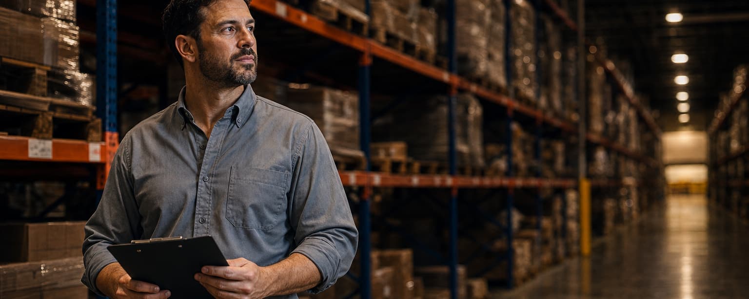 A warehouse aisle with racking and pallets, a supervisor with a clipboard checking stock under high bay lights