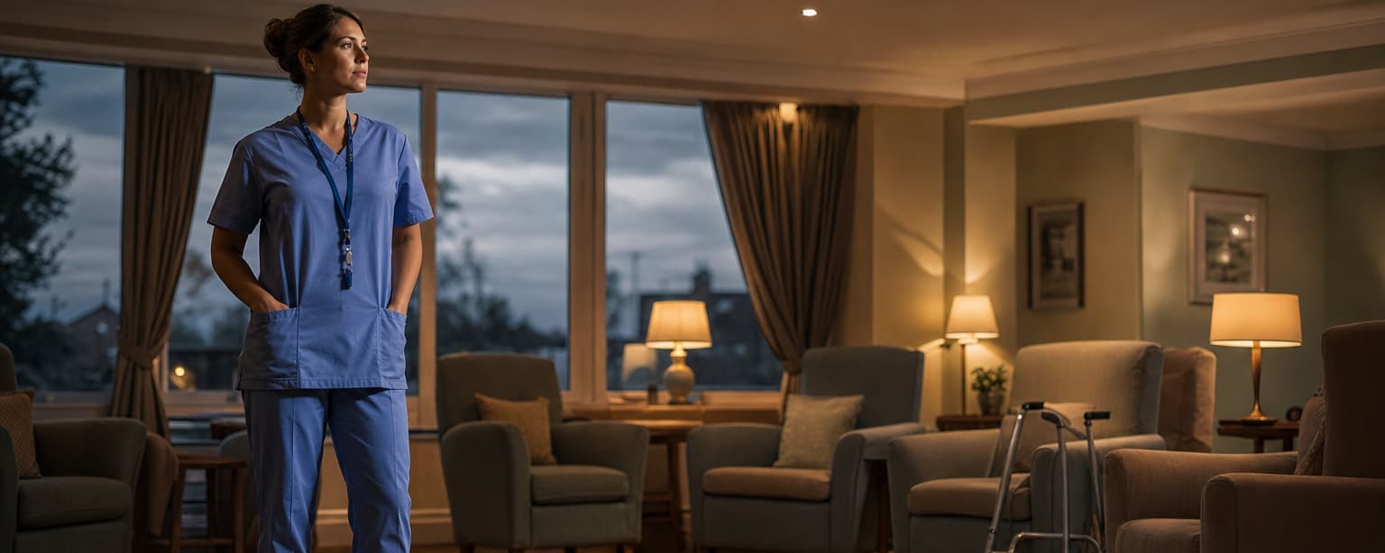 A caregiver in scrubs and a staff lanyard standing in the lounge of a residential care home at dusk, armchairs arranged in a semicircle with a walker parked beside one and the lamps lit