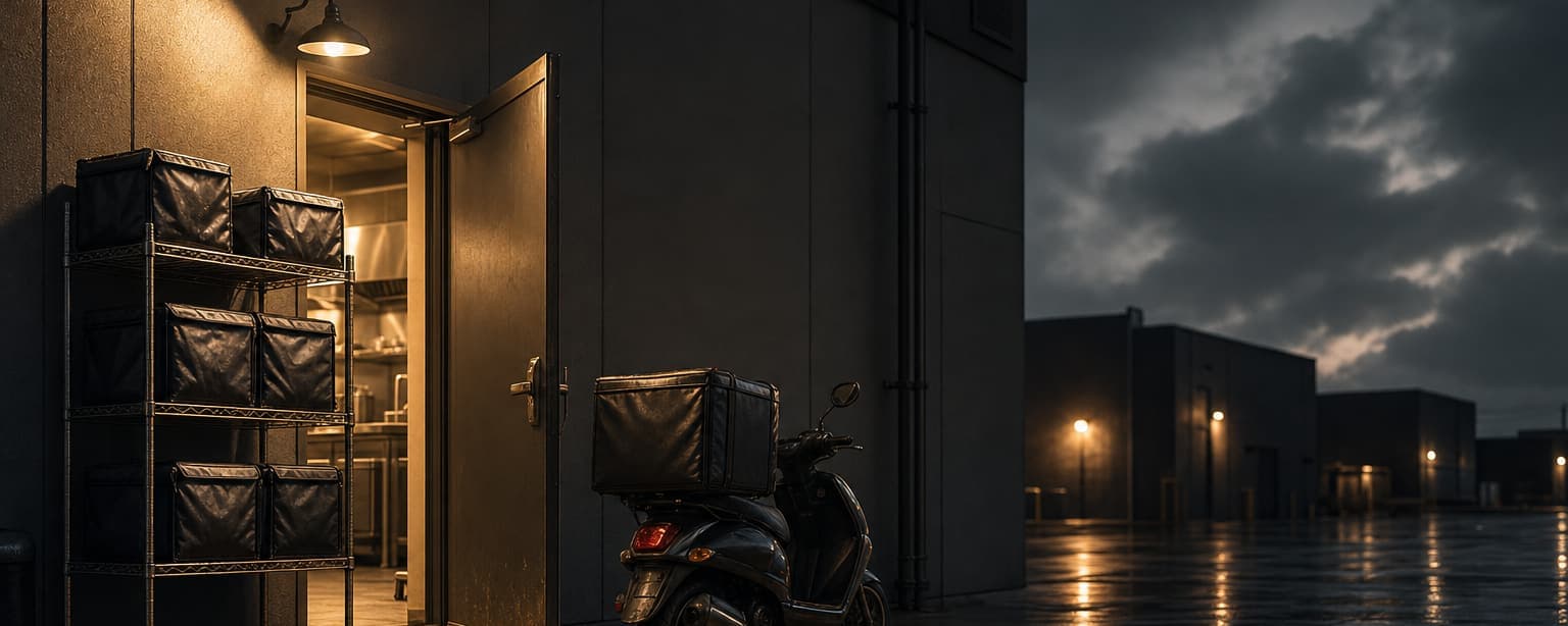 A restaurant back door at night, insulated delivery bags stacked on a steel rack under the door light and a delivery scooter parked alongside, kitchen light spilling through the doorway