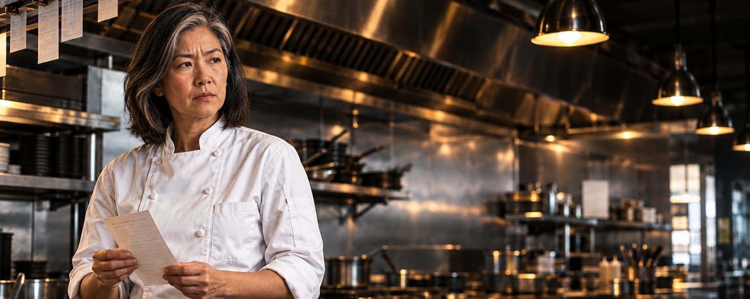 A restaurant owner, an East Asian woman in her fifties in a chef coat with her sleeves rolled, standing at the pass of her kitchen reading a renewal letter, stainless steel line and hood behind her
