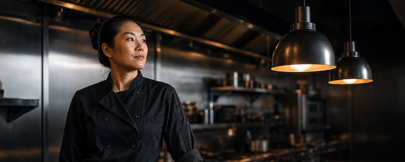 A chef-owner in a black chef coat and pinstripe apron, hair up, standing at the steel pass of her restaurant kitchen under pendant lamps, hood and range behind her