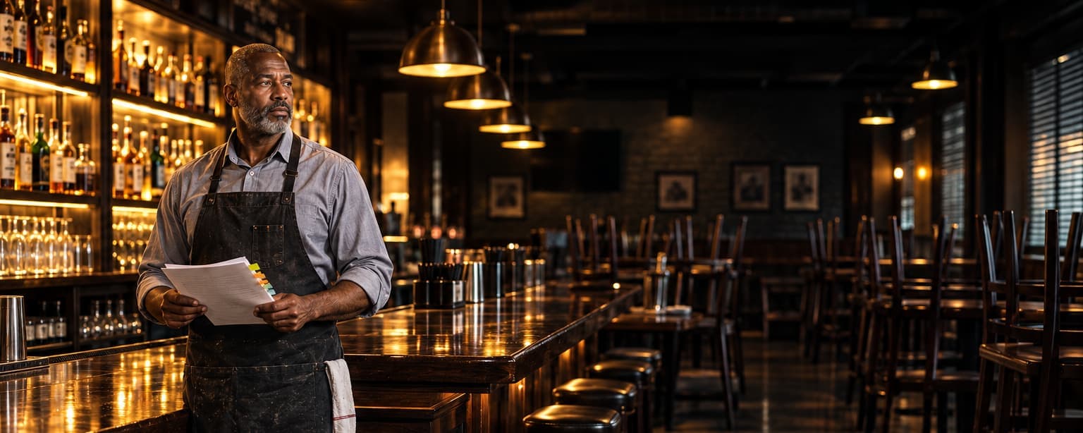 The owner of a neighborhood bar and grill with a short gray beard standing behind his bar after closing reading a printed lease with tabs, backlit bottles on the back bar