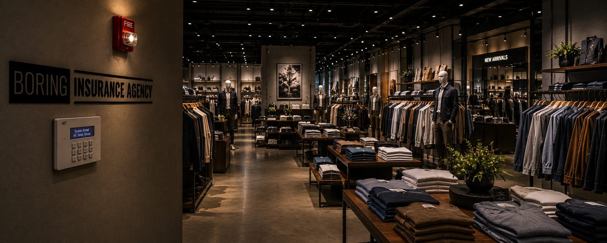 A retail interior with fire and burglar alarm loss-control equipment