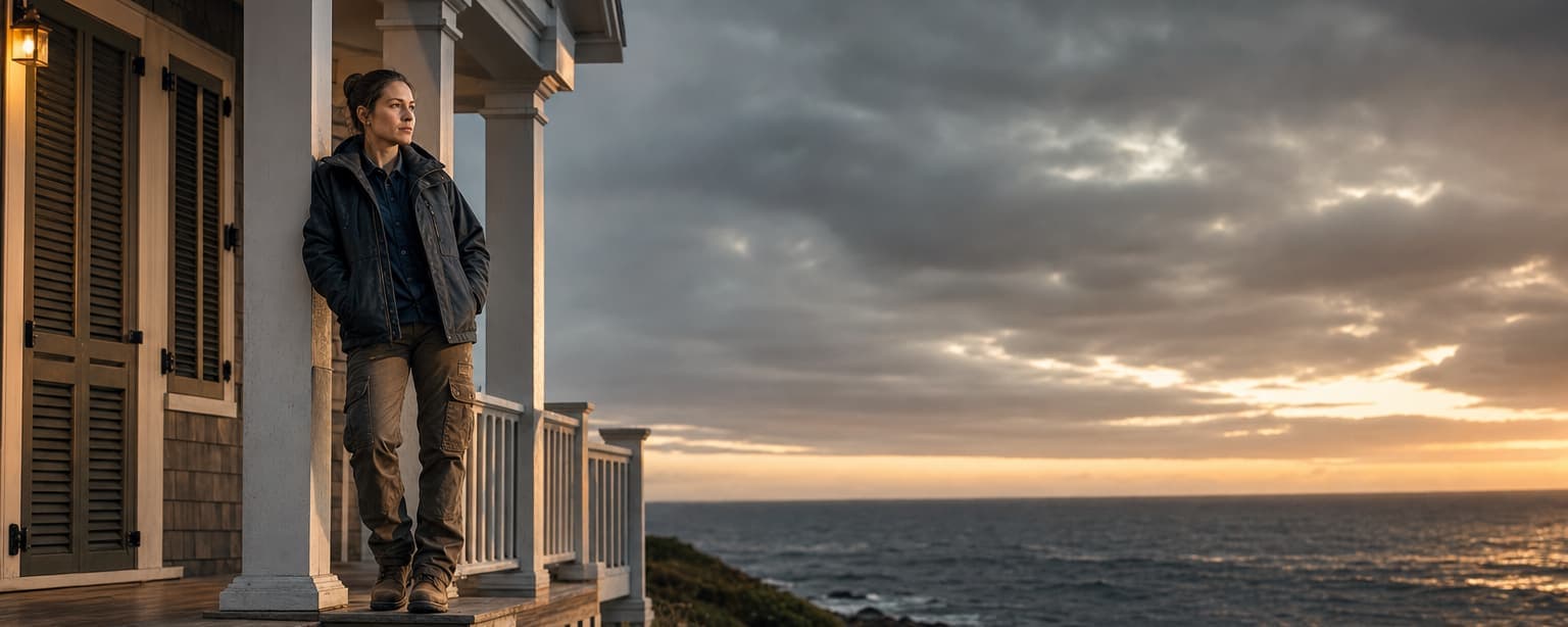 A shingled house on Block Island above a rocky shore, storm shutters half-closed, a woman on the porch steps looking out at a darkening Atlantic