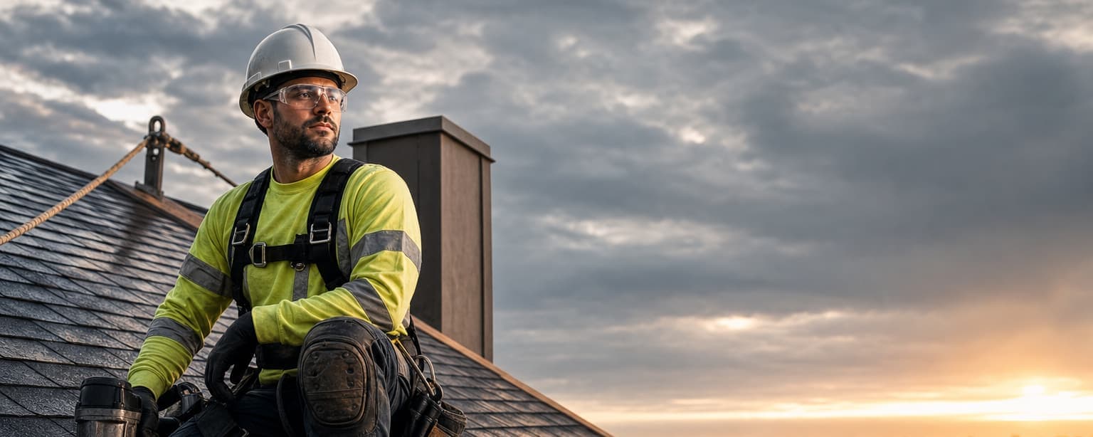 A roofer in a harness, hard hat and knee pads kneeling on a shingle roof at sunset, a ridge anchor and lifeline beside him