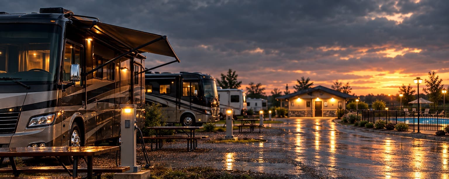 An RV park at dusk with motorhomes on gravel sites under awnings, lit electrical pedestals and picnic tables, a bathhouse and a fenced pool in the distance