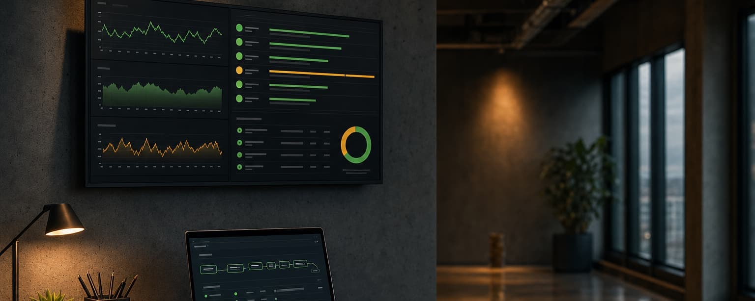 A wall-mounted status board in a quiet office showing uptime graphs and an on-call rotation, a laptop open on a desk below it with a deployment pipeline on screen
