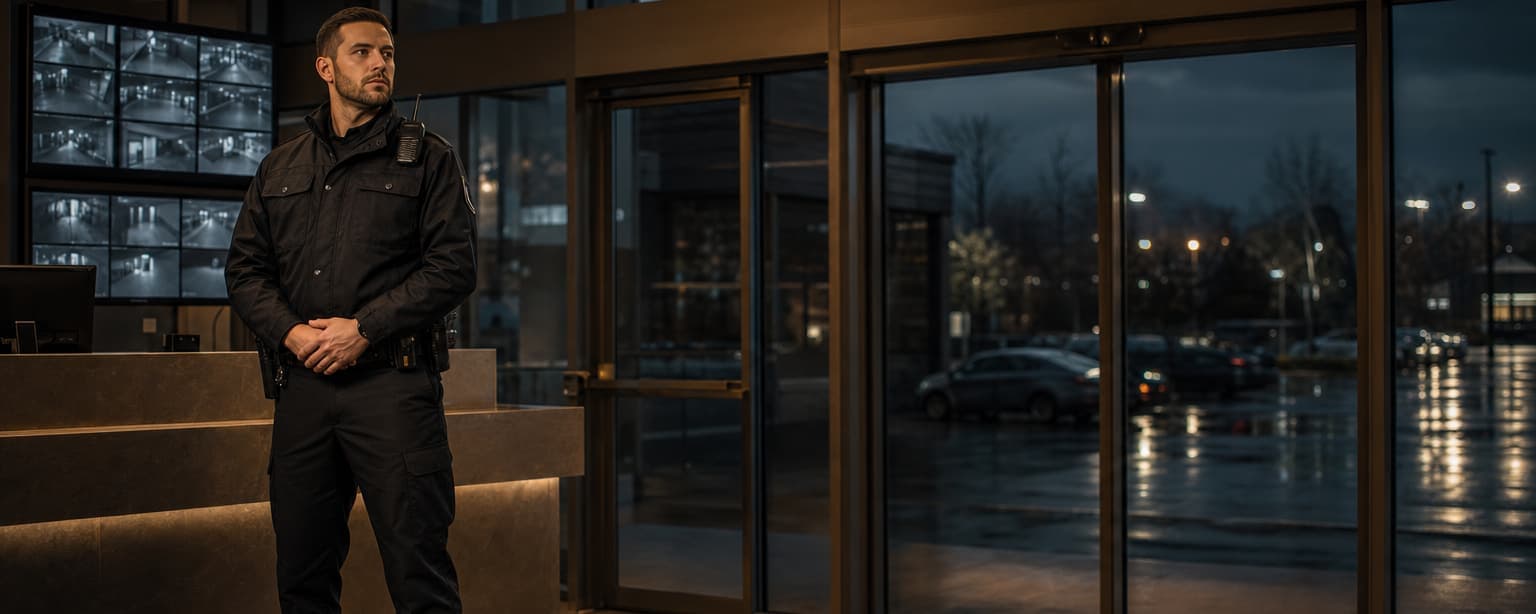 A uniformed security officer with a radio clipped at the shoulder standing at a lobby post desk, camera monitors glowing behind him and glass doors onto a dark parking lot