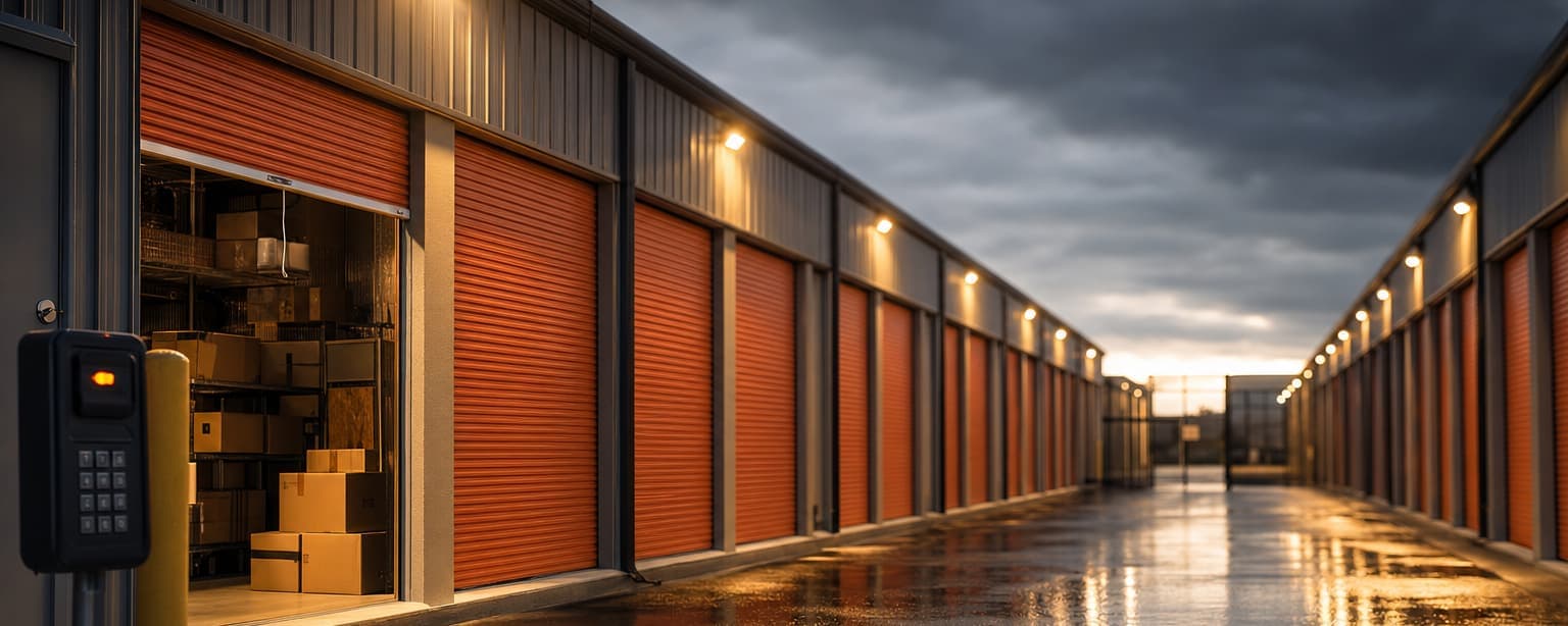A self storage facility drive aisle at dusk, orange roll-up doors down both sides with a single unit open showing stacked boxes, security lights on and a gate keypad in the foreground