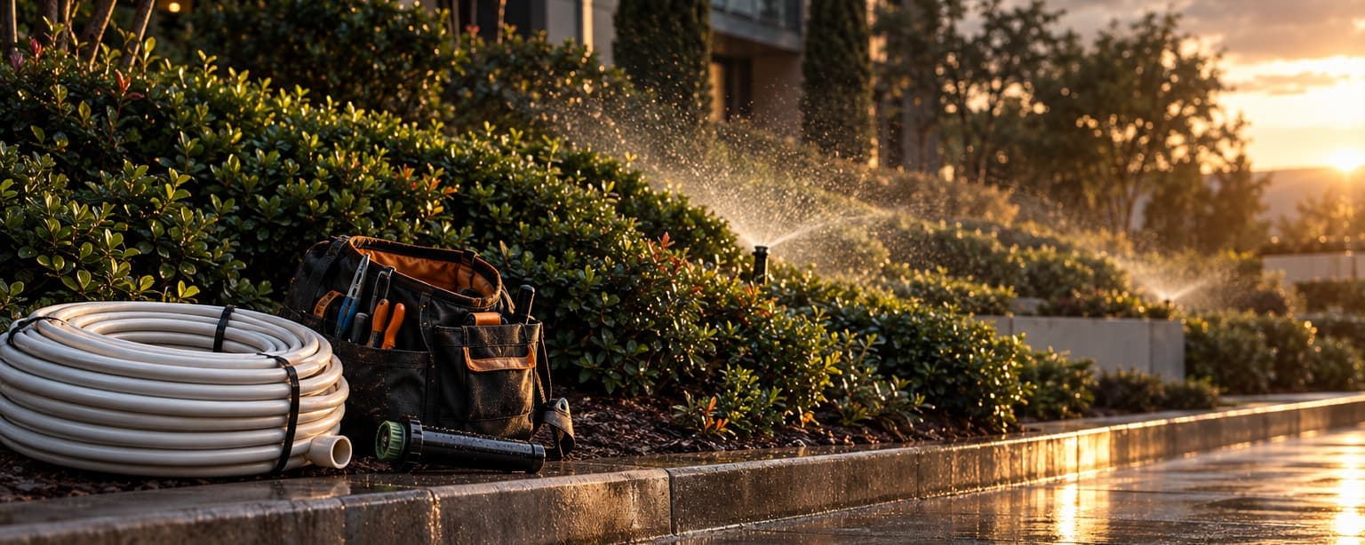 Spray irrigation misting a planted slope beside a condominium building at sunset, with coiled PVC pipe and an open tool bag on the curb