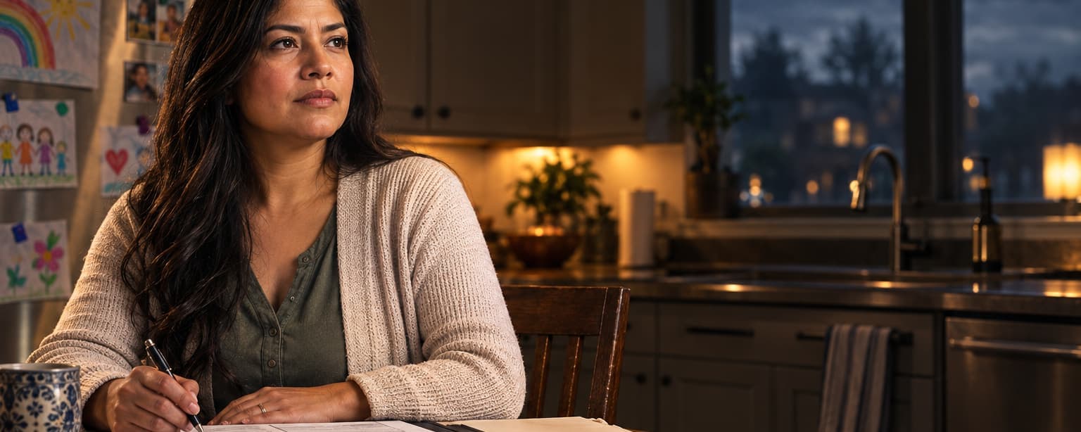 A small business owner in her forties at her kitchen table in the evening with a folder of insurance paperwork, children’s drawings on the refrigerator behind her