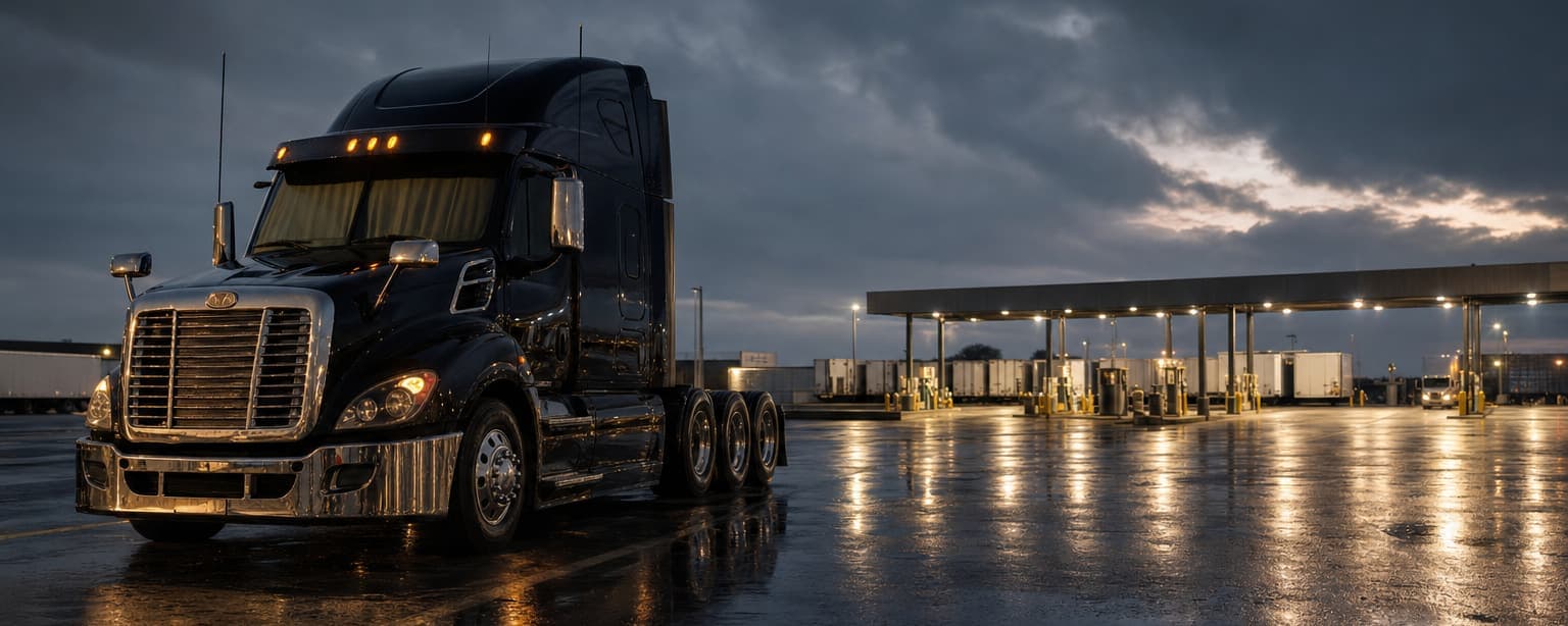 A single tractor unit parked at a truck stop before dawn, curtains drawn in the sleeper, chrome catching the lot lights and a logbook on the dash, fuel island beyond