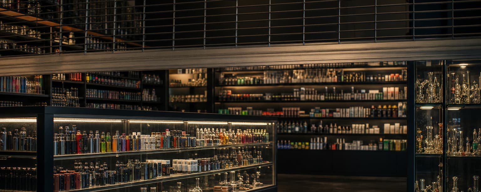 A smoke and vape shop interior at night, lit glass display cases and densely packed wall shelving with a roll-down security gate half lowered across the entrance