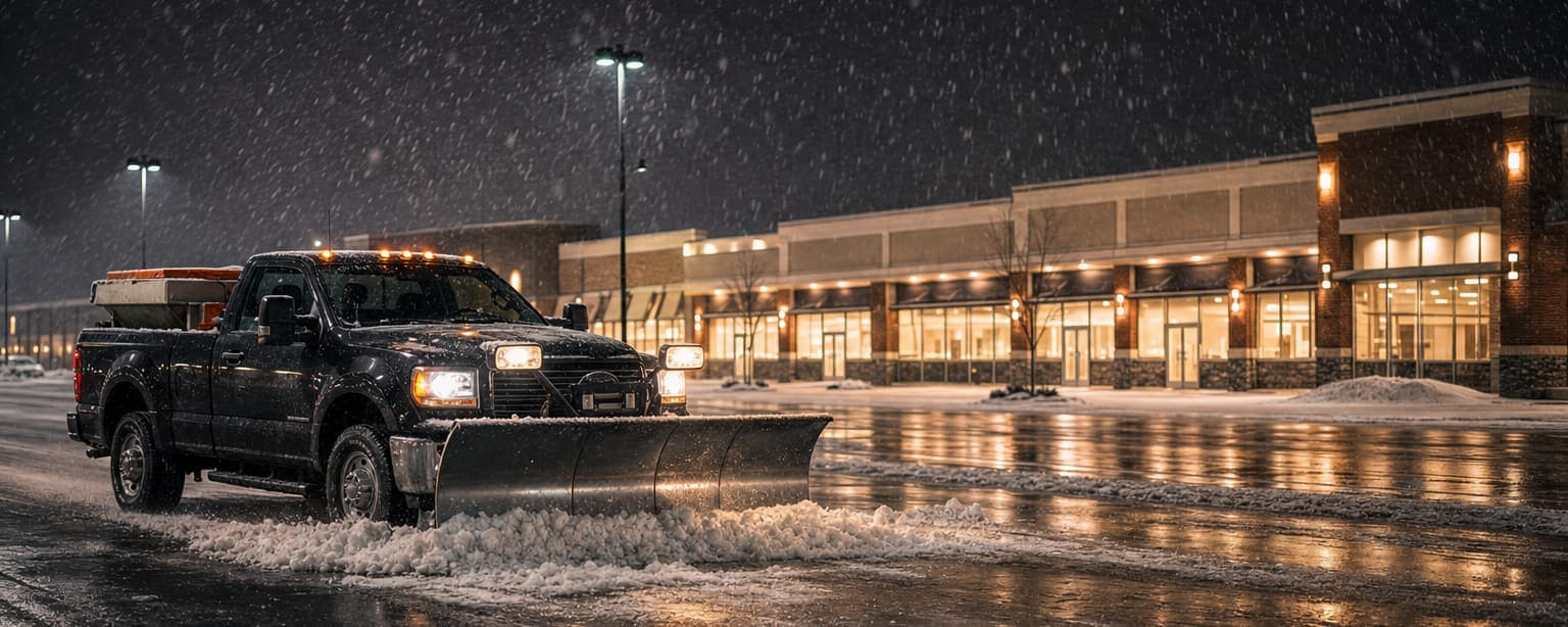 A pickup truck with its plow blade down pushing snow across a commercial parking lot at night, a salt spreader in the bed and lit storefronts behind, snow falling through the headlights