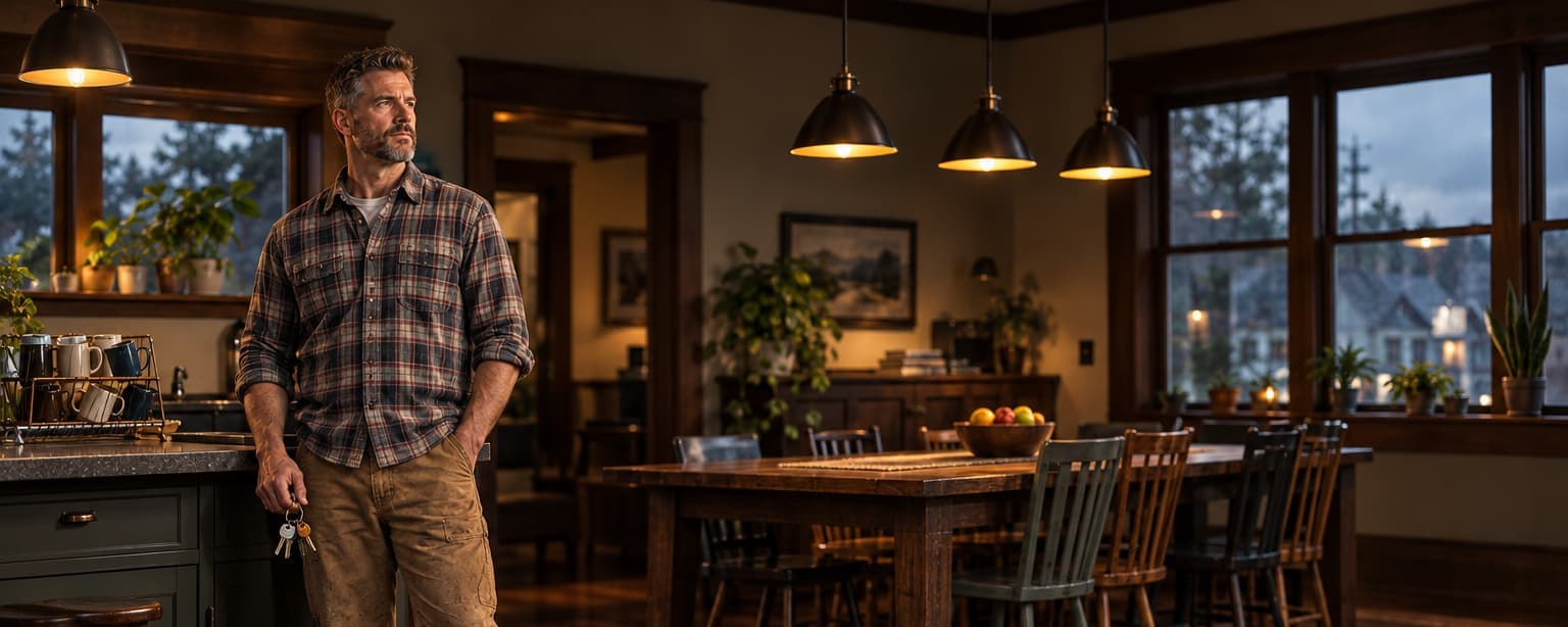 The house manager of a sober living home, in a flannel shirt and work boots with a ring of house keys in one hand, standing in the kitchen of a well-kept craftsman house in the evening, a long dining table with mismatched chairs and a bowl of fruit under the pendant lights behind him