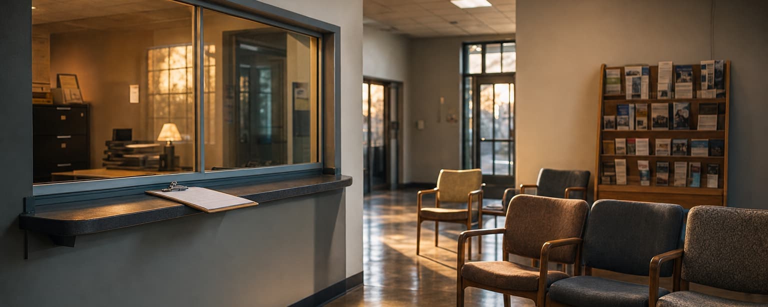 A social services drop-in center, a reception window with a sign-in clipboard, a waiting area of mismatched chairs and a wall rack of resource pamphlets in evening light