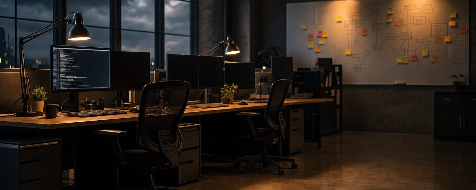 A small software team’s office after hours, desks with dark monitors except one showing an open terminal and a whiteboard covered in an architecture diagram and sticky notes