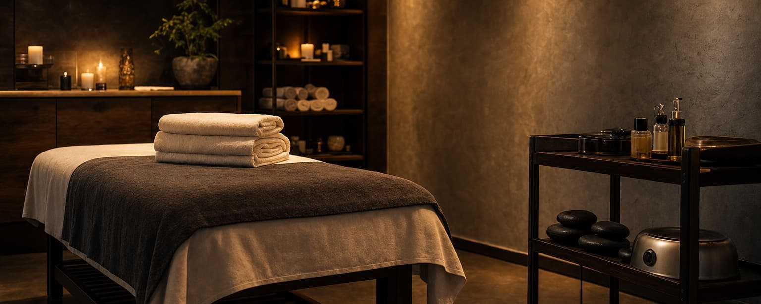 A day spa treatment room, a massage table dressed with folded towels, a hot stone warmer and oil bottles on a cart, candles and very low warm lighting
