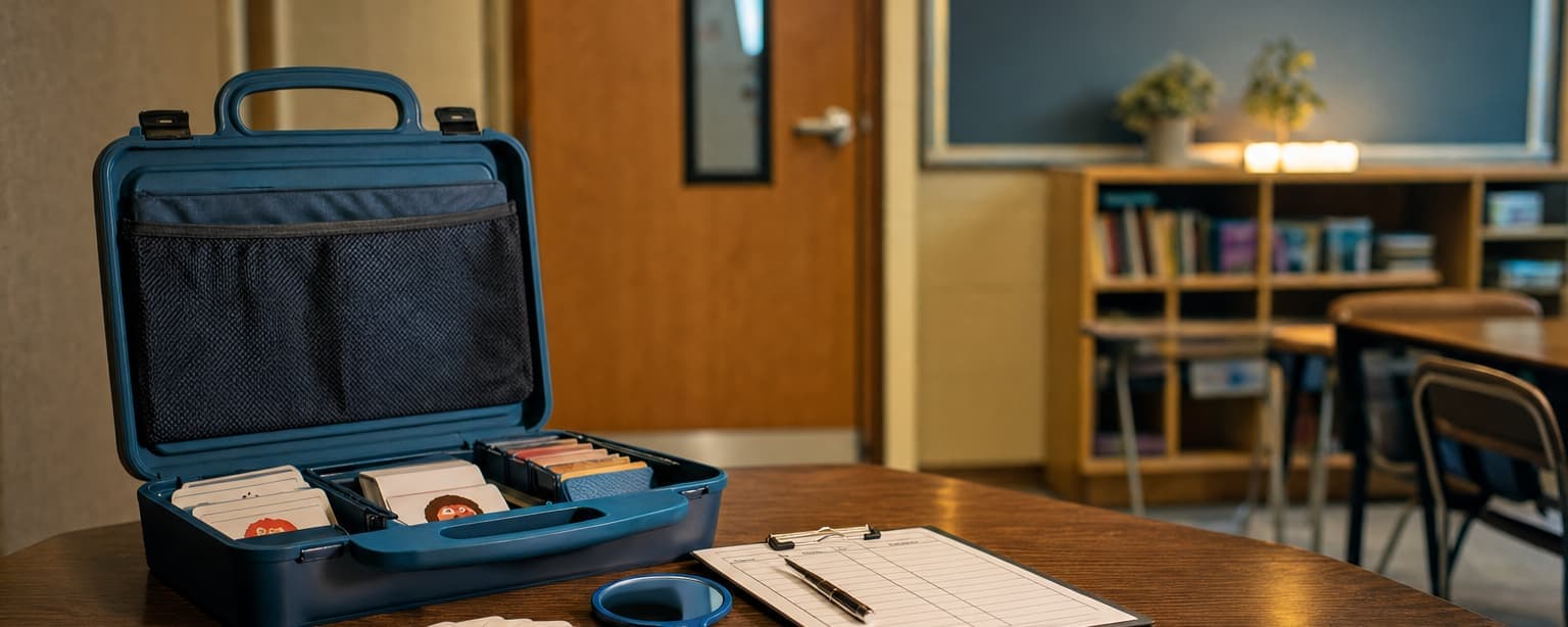 An open therapy case of articulation cards on a table beside a hand mirror and a fanned set of picture cards, a classroom behind