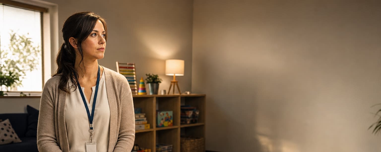 A speech-language pathologist in a cardigan and badge lanyard seated at a low therapy table with picture cards laid out and a table mirror set up, a shelf of games and a lamp in a warm room behind her