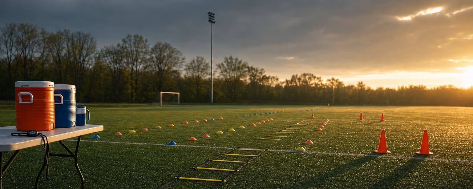A sports camp field set up for the morning, agility ladders and cone stations laid out in a grid, water coolers and a whistle on a folding table and dew still on the grass
