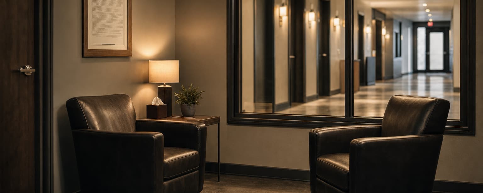 A waiting area with two leather armchairs, a lamp on a side table and an interior window onto a lit corridor of doors