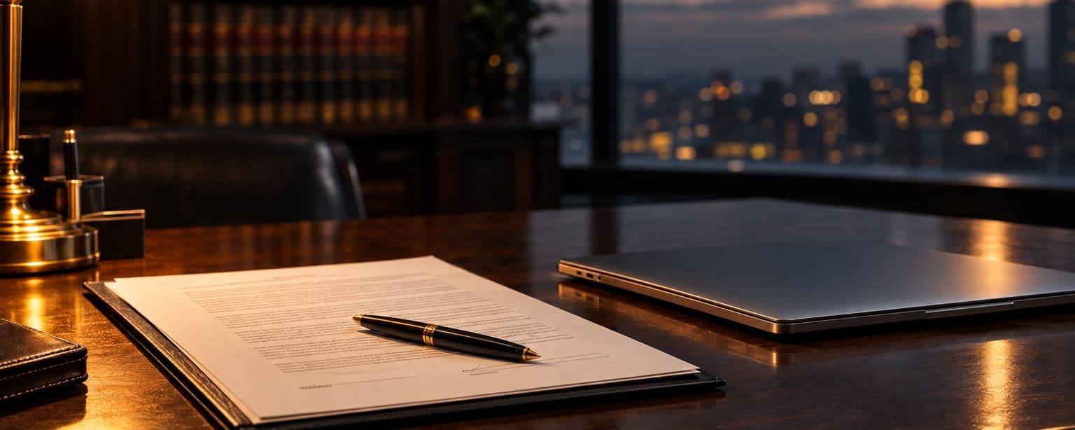 A signed agreement and a laptop on a desk in low evening light