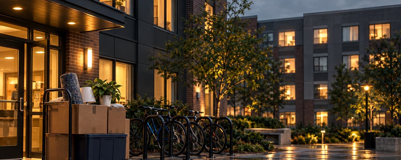 An off-campus student apartment courtyard with bikes on racks, a moving cart with boxes at the entrance, lit windows and a bulletin board