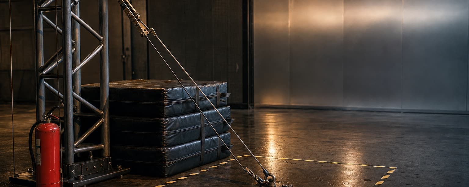A truss tower with rigging lines running to a stack of crash pads on an empty stage, a fire extinguisher at the base