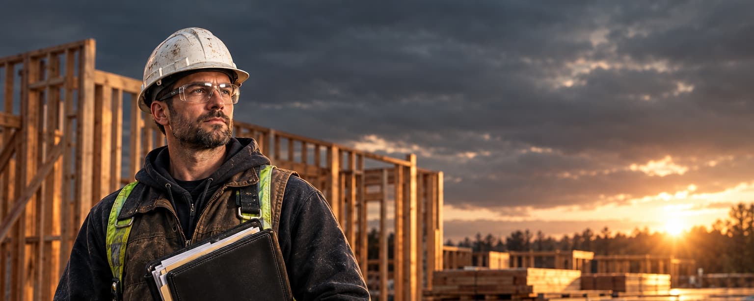 A framing contractor holding a folder of certificates from his own subcontractors on a residential job site at sunset, stacked lumber and framed walls behind him